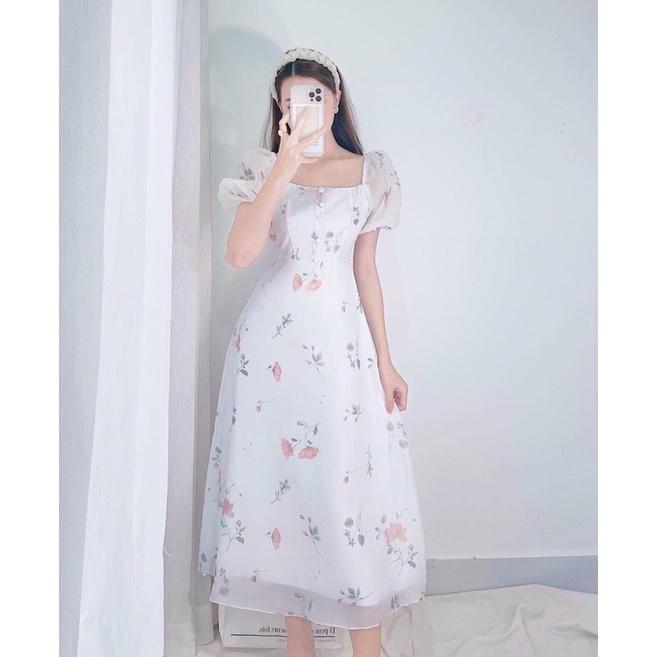 ĐẦM MIDI TRẮNG NÚT BỌC TAY BỒNG