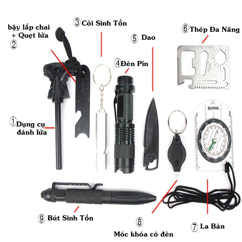 Bộ dụng cụ sinh tồn SOS 10 món hỗ trợ đi phượt, du lịch, dã ngoại - HENRYSA