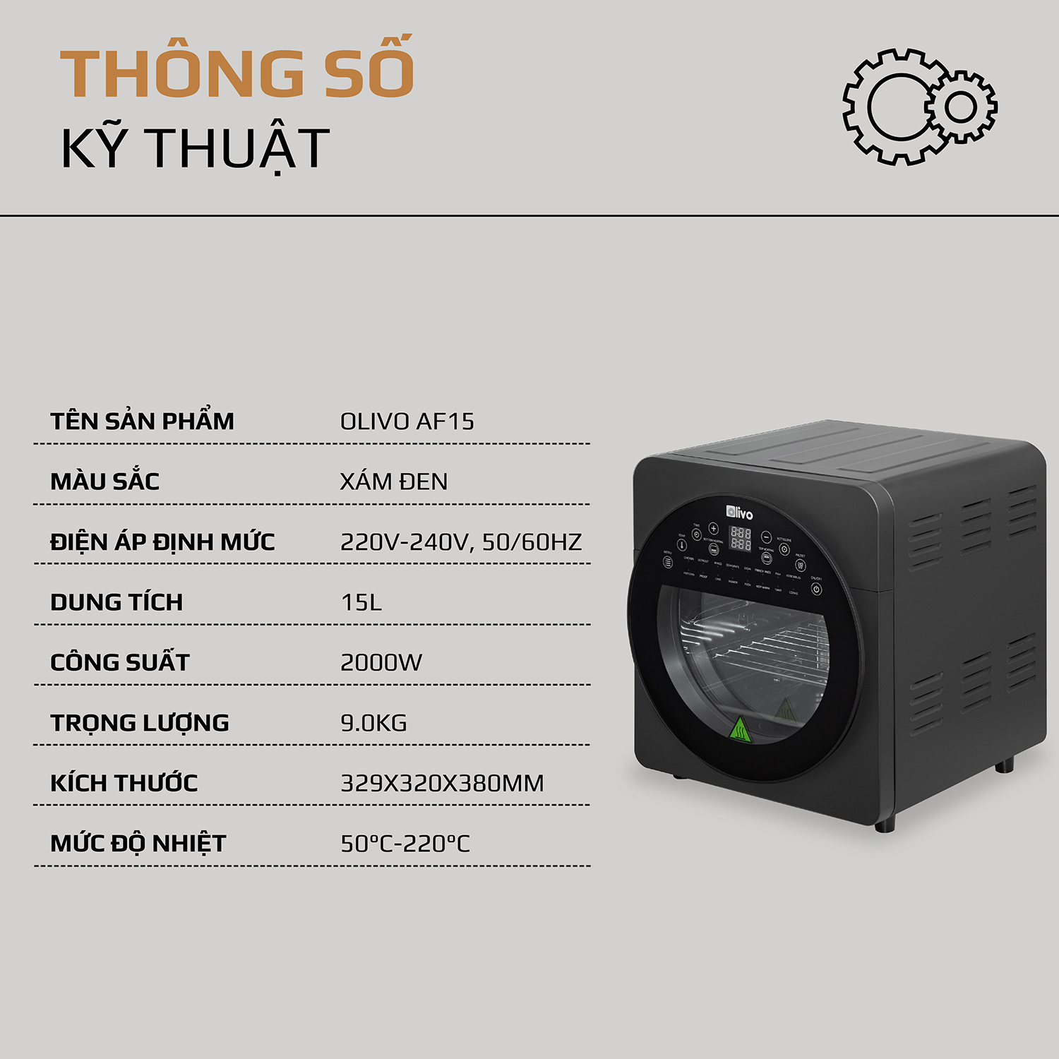 Nồi Chiên Không Dầu OLIVO AF15 16 Chức Năng - Dung Tích 15L - Công Suất 2000W - Thương Hiệu Mỹ