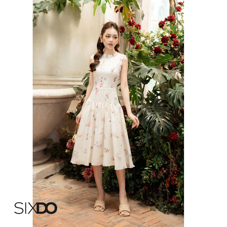 Đầm hoa sát nách viền xếp ly hạ eo trẻ trung SIXDO