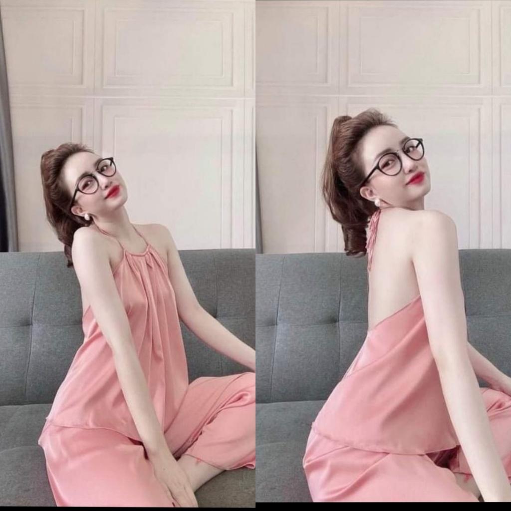 Set bộ quần áo mùa hè, đồ bộ ngủ nữ cổ yếm hở lưng quần dài vải satin