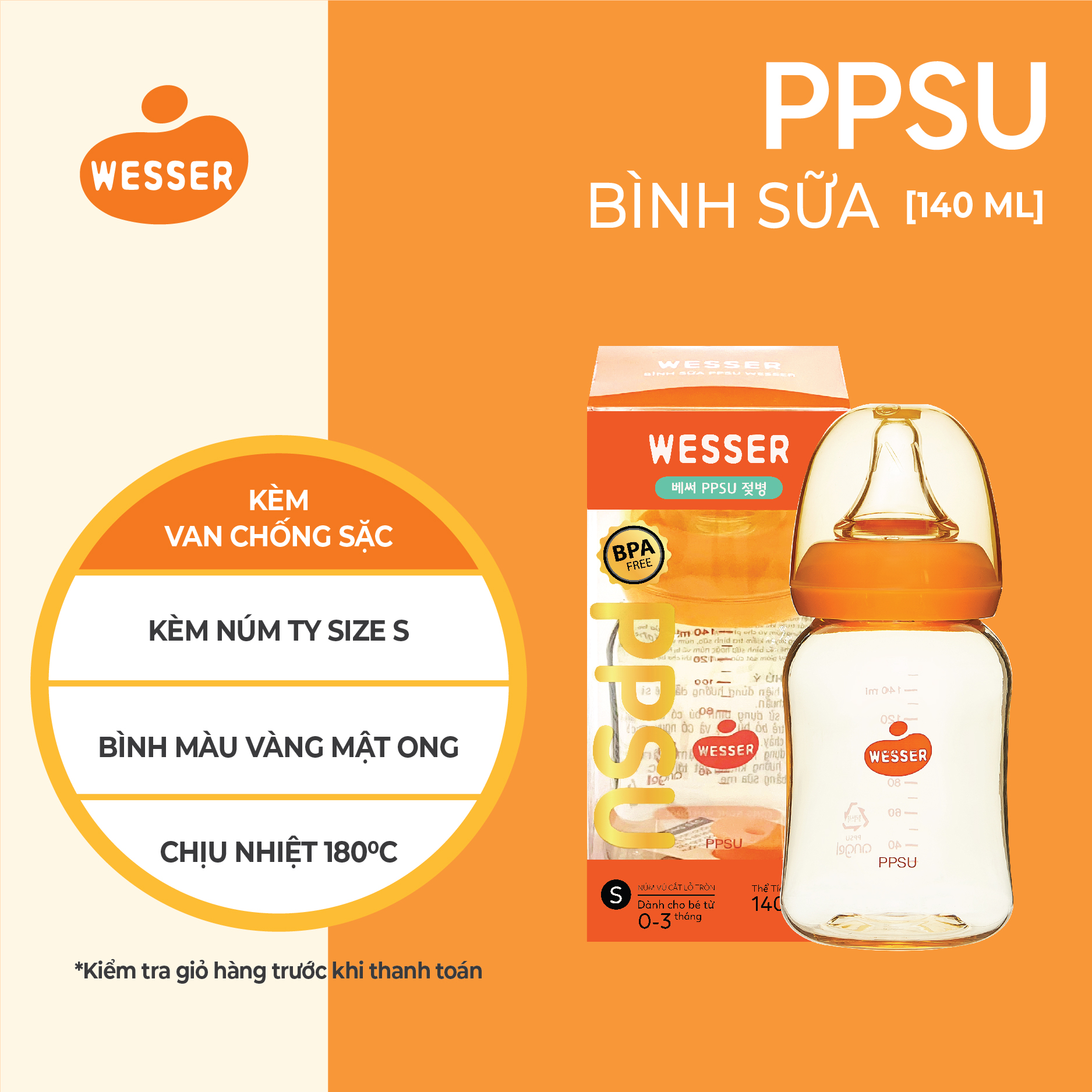 Bình sữa cổ hẹp PPSU Wesser 60ml/140ml/250ml
