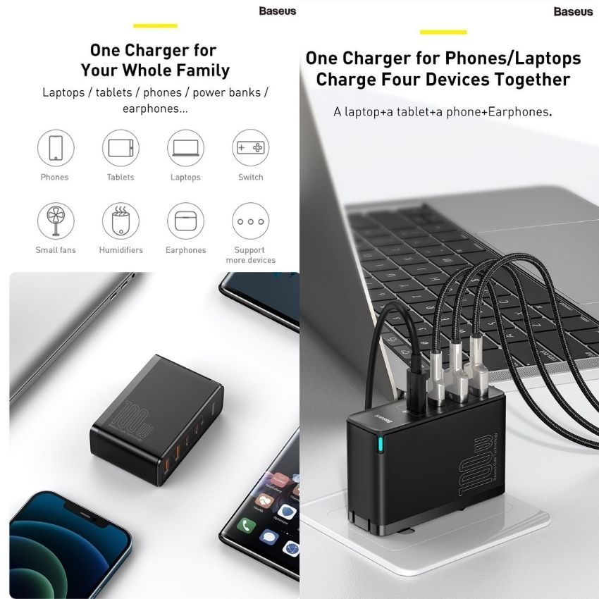 Bộ sạc nhanh 100W Baseus GaN2 Pro Quick Charger 4 Ports (Type C*2 &amp; USB*2)- Hàng chính hãng