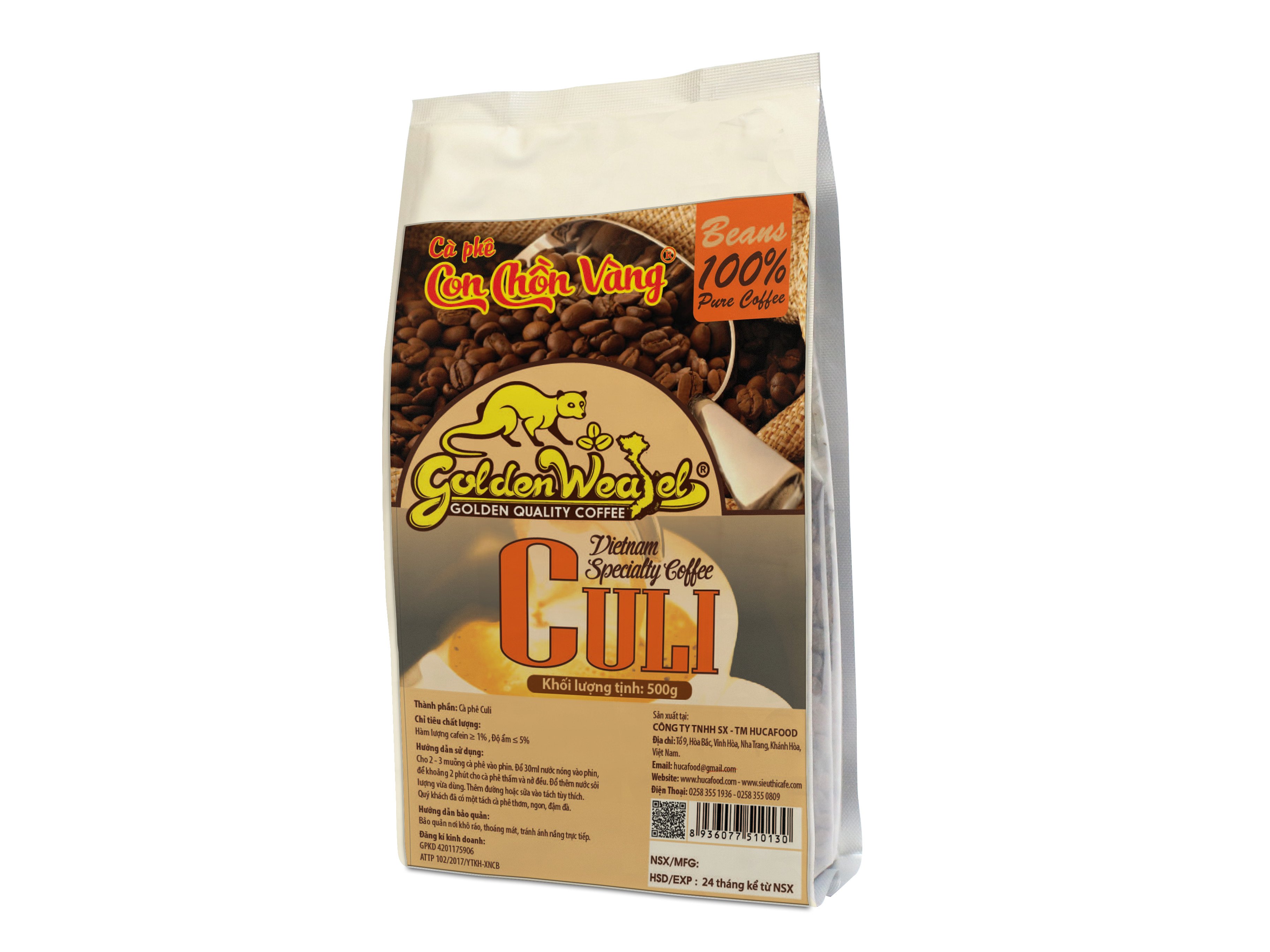 Cà Phê Hạt Culi Rang Mộc 100% Con Chồn Vàng Túi 500Gr - Huca Food