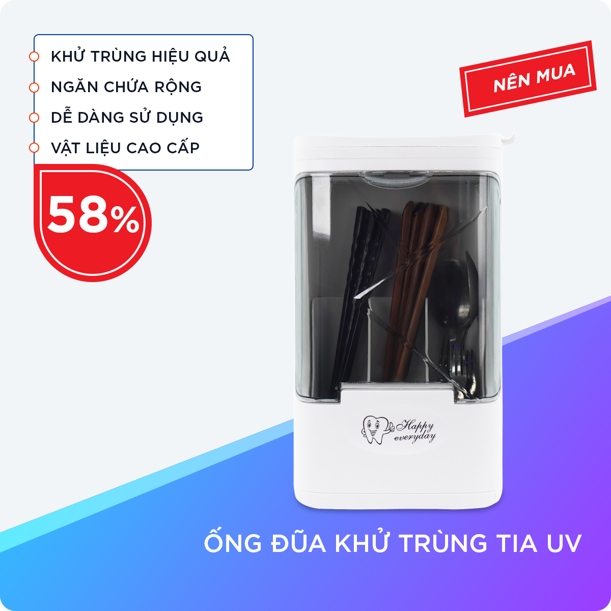 Ống Đũa Khử Trùng Bằng Tia UV Làm Sạch Dụng Cụ Nhà Bếp Bảo Vệ Sức Khỏe Gia Đình Bạn