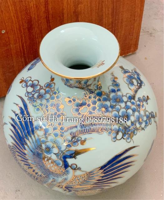 Bình hút tài lộc gốm sứ Bát Tràng cao cấp vẽ vàng 24K hoạ tiết chim hạc hoa đào cao 24cm