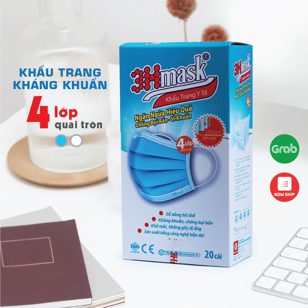 Khẩu Trang 3Hmask 4 Lớp Quai Tròn Xanh (20 cái)