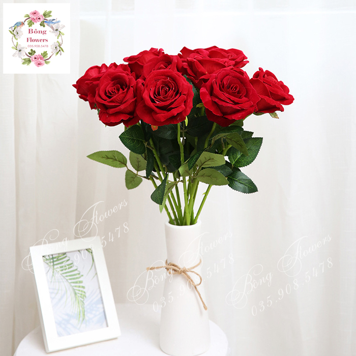 Hoa Hồng Nhung Giả Decor Trang Trí Cành Dài 70cm, Đường Kính Bông 10cm