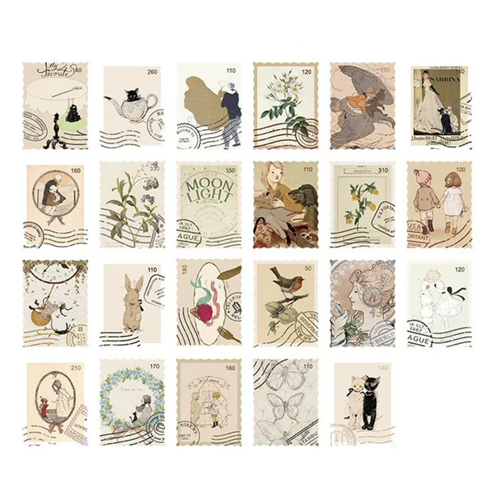 Hộp 46 pcs stickers dạng tem thư kiểu cổ điển vintage dùng để trang trí sổ tay nhật kí