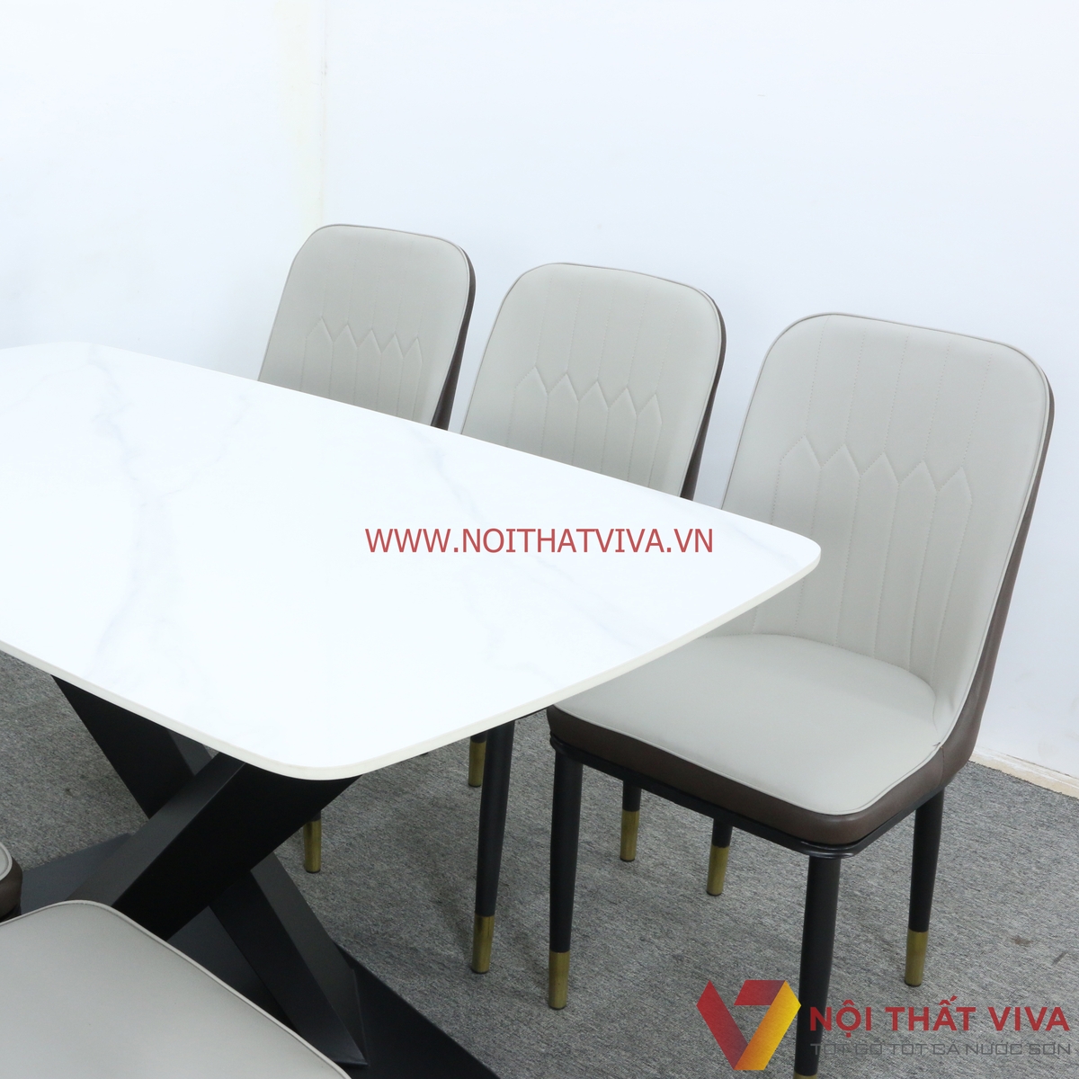 Bộ Bàn Ăn 6 Ghế Bọc Nệm Chân Chữ X Sơn Tĩnh Điện Mặt Đá Trắng Hiện Đại