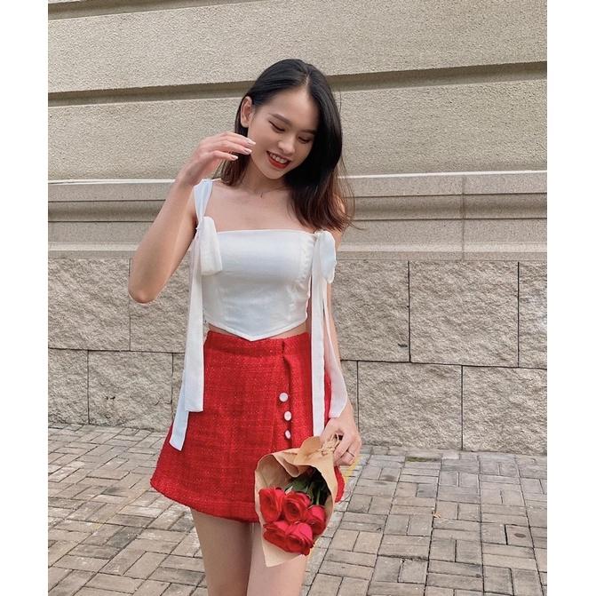 Áo hai dây croptop cột nơ ôm body REVERCLOTHINGS lụa trắng Zanni Top