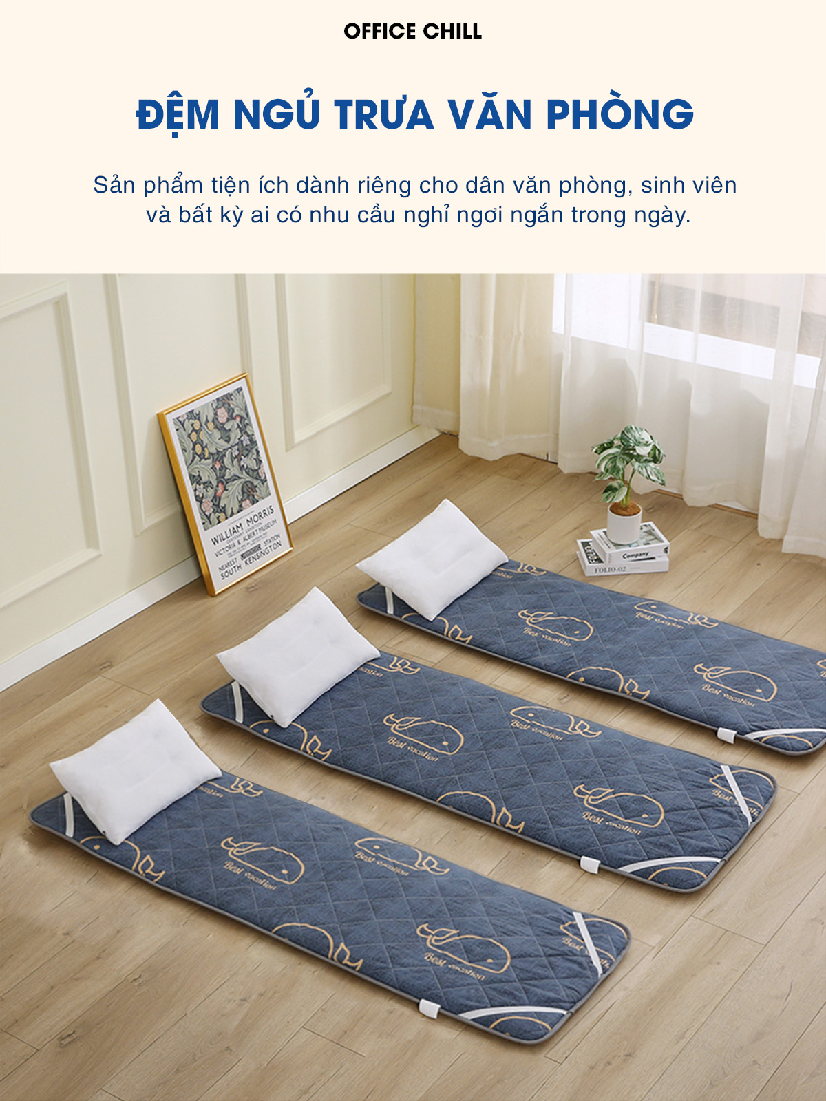 Chiếu Đệm Ngủ Văn Phòng OFFICE CHILL Tấm Đệm Lót Ngủ Chần Bông Microfiber Kháng Khuẩn Thoáng Khí Xếp Gọn