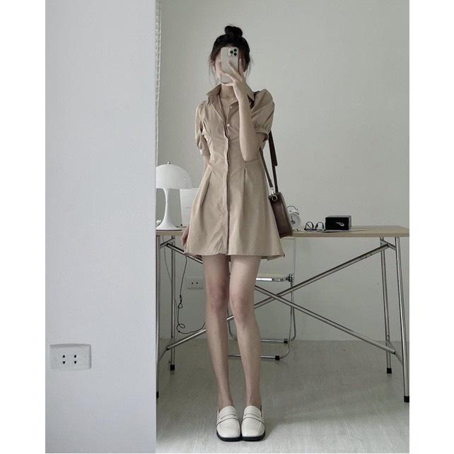 VÁY ĐẦM KAKI CỔ ĐỨC DẤU KHUY TAY BỒNG CHUN LƯNG CHIẾT EO SIÊU XINH