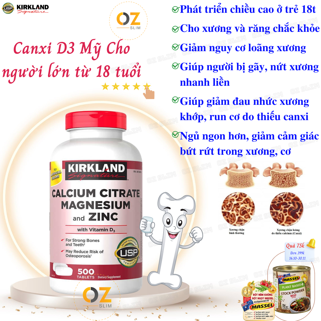 Canxicho người lớn Mỹ Kirkland Signature Calcium Citrate Magnesium And Zinc with Vitamin D3 phát triển hệ thống xương, phòng chống loãng xương - OZ Slim Store