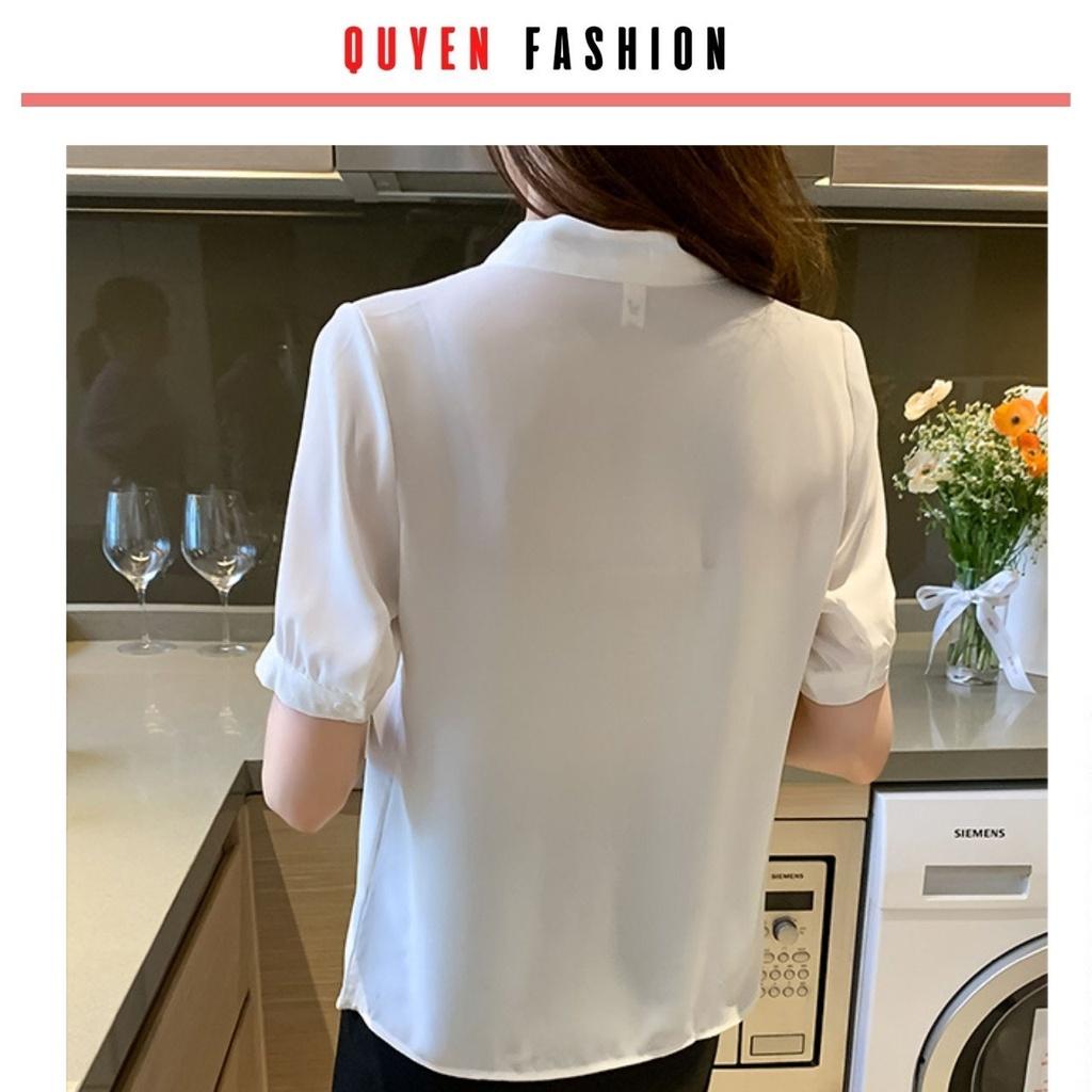 Áo sơ mi cổ thắt nơ màu trắng, hồng, tay phồng ngắn, thời trang công sở nữ Quyên fashion AA580