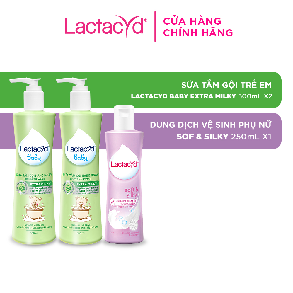 Bộ 2 chai Sữa Tắm Gội Trẻ Em Lactacyd Baby Extra Milky 500ml+ 1 Dung Dịch Vệ Sinh Soft & Silky Dưỡng Ẩm 250ml