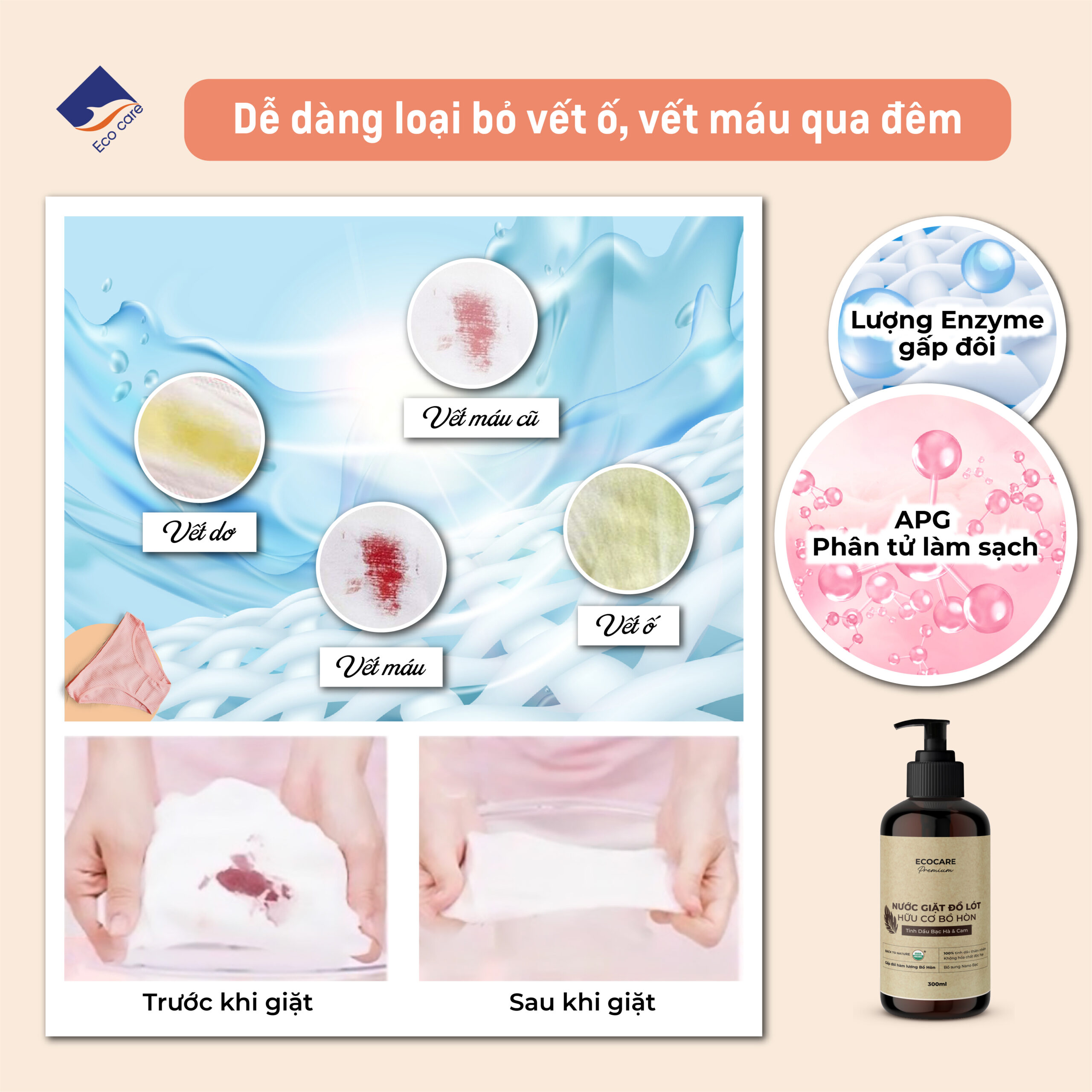 Nước giặt đồ lót hữu cơ cao cấp Bồ hòn Ecocare tinh dầu Bạc Hà & Cam - Chai 300ml