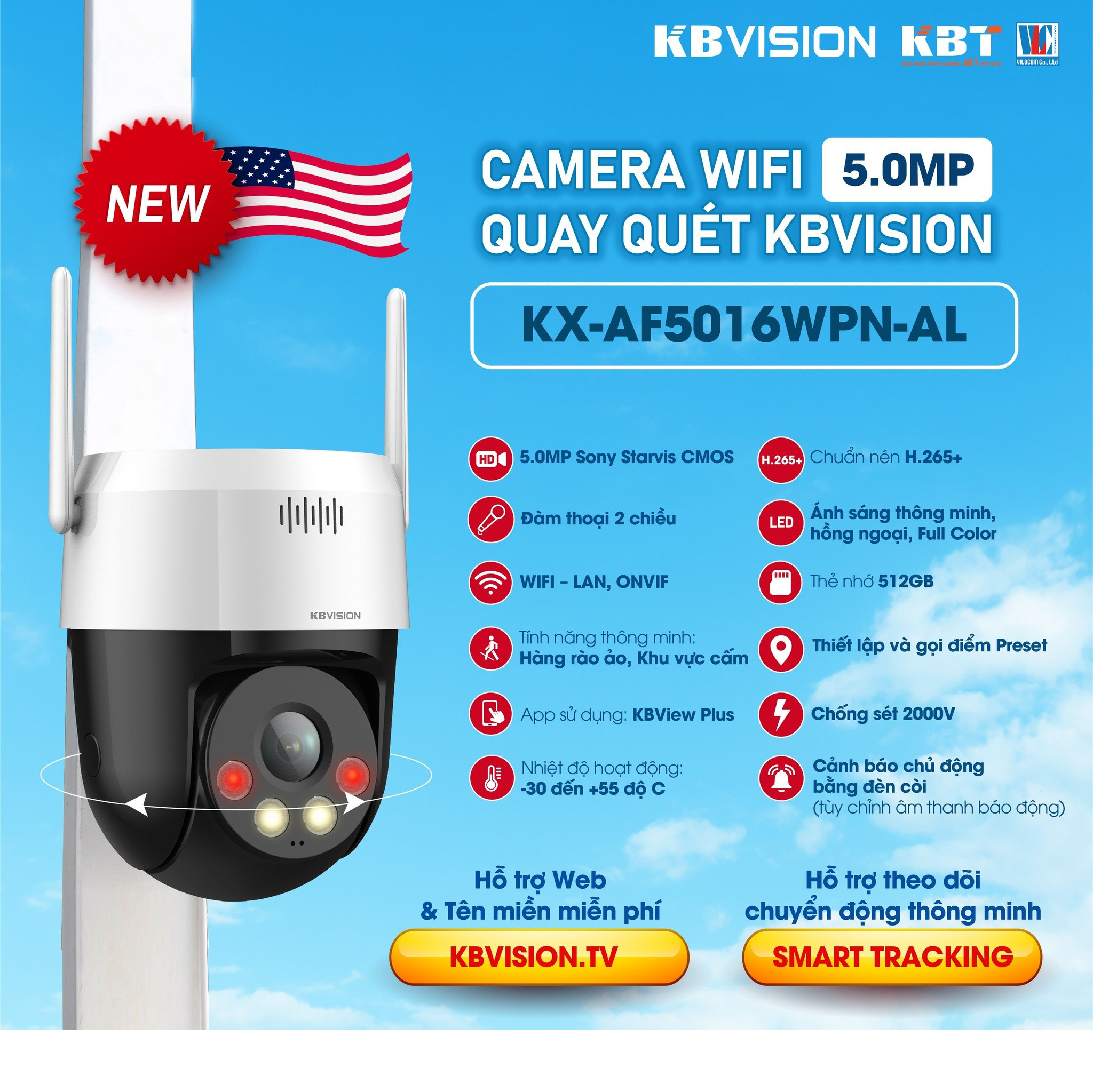 Camera Quay quét wifi báo động chủ động 5MP KX-AF5016WPN-AL (5.0MP) - Hàng chính hãng