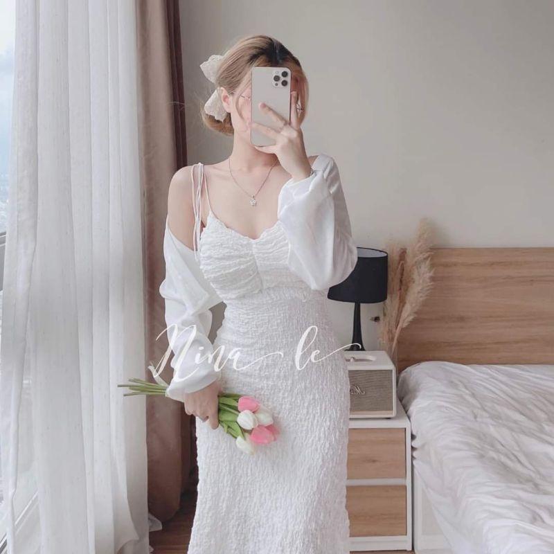 ĐẦM 2 DÂY THẮT NƠ XỐP KÈM ÁO KHOÁC