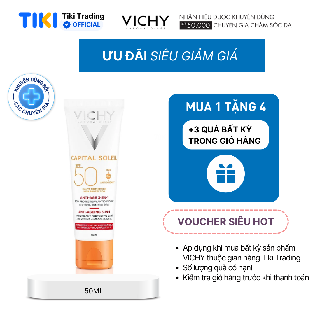 Kem chống nắng bảo vệ, giảm lão hóa Vichy Capital Soleil 3in1 Anti-Aging SPF50 50ml