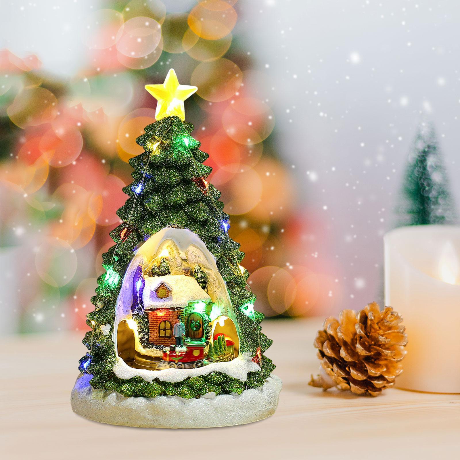 Christmas Tree Glowing House Holiday House Xmas Music Ornament Rotating Train Figurine Statue for Home Living Room Decoration