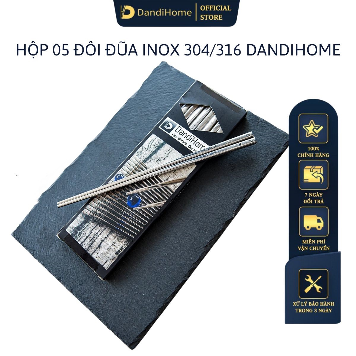 Set 05 đôi đũa inox 304 - 316 DandiHome 2020 chống trơn trượt, sang trọng, tinh tế