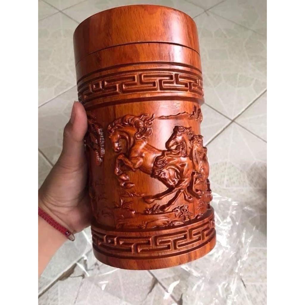 Hộp trà tròn nguyên khối gỗ hương, bách xanh