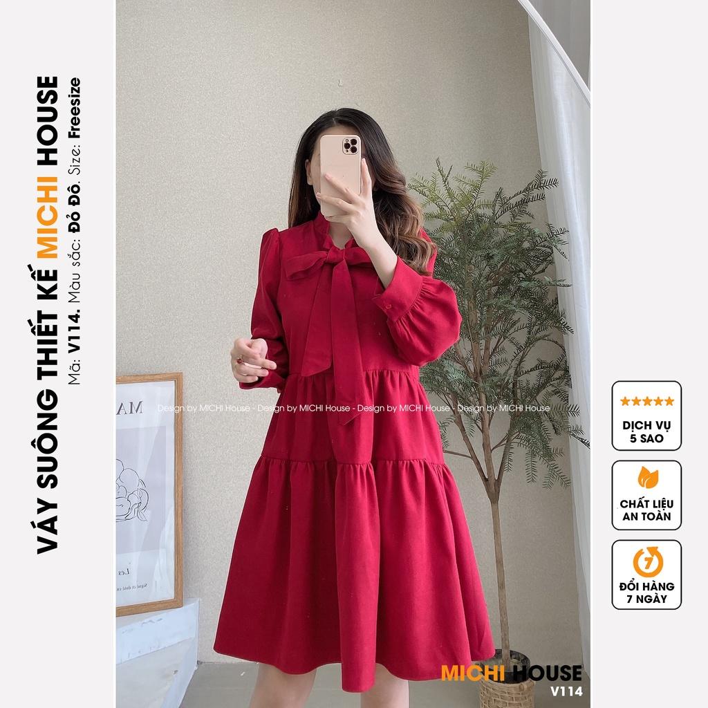 Váy Suông Babydoll Dáng Dài Xuông Rộng MICHI House V114 Đầm Nhung Xuông Thiết Kế Dài Tay Cổ Nơ Xinh
