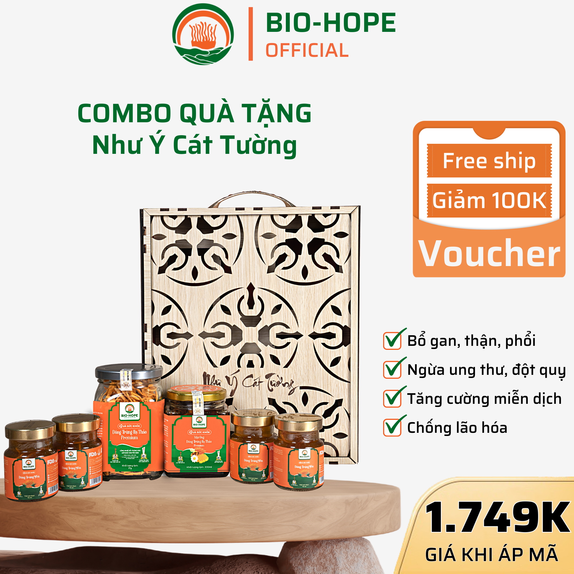 Đông Trùng Hạ Thảo BIO HOPE, Hỗ Trợ Sức Khỏe, Chống Lão Hóa, Ngăn Ngừa Ung Thư, Giảm Stress, Giúp Ngủ Ngon Sâu Giấc (Bộ Quà Tặng Như Ý Cát Tường)