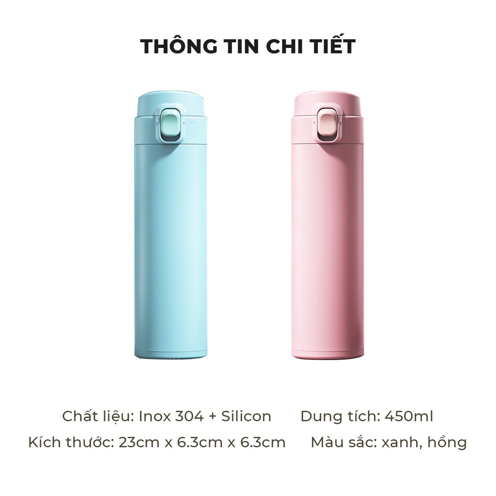 [Tặng Sticker] Bình Giữ Nhiệt Nước Nóng Mini Dung Tích 450ml, Giữ Nhiệt Liên Tục 6 Tiếng, Bình Nước Nhỏ Gọn Đẹp Mắt