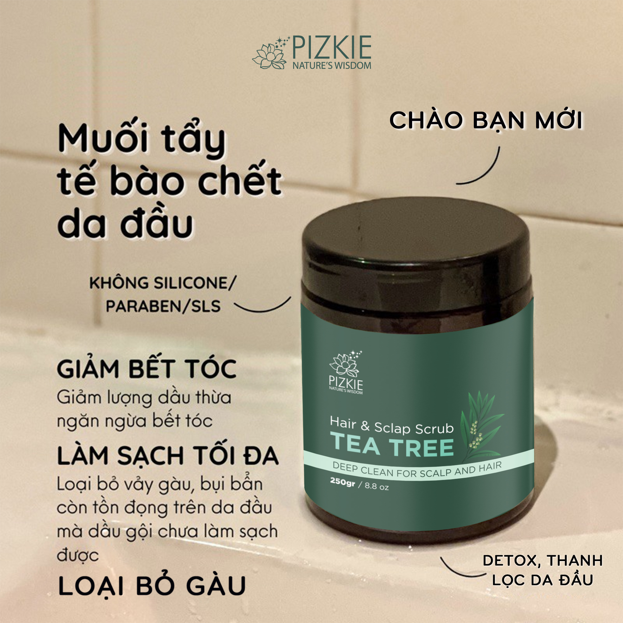 Muối tẩy tế bào chết da đầu tràm trà Pizkie 250gr lâu bết sạch gàu, sạch nhờ da đầu, hỗ trợ mọc tóc