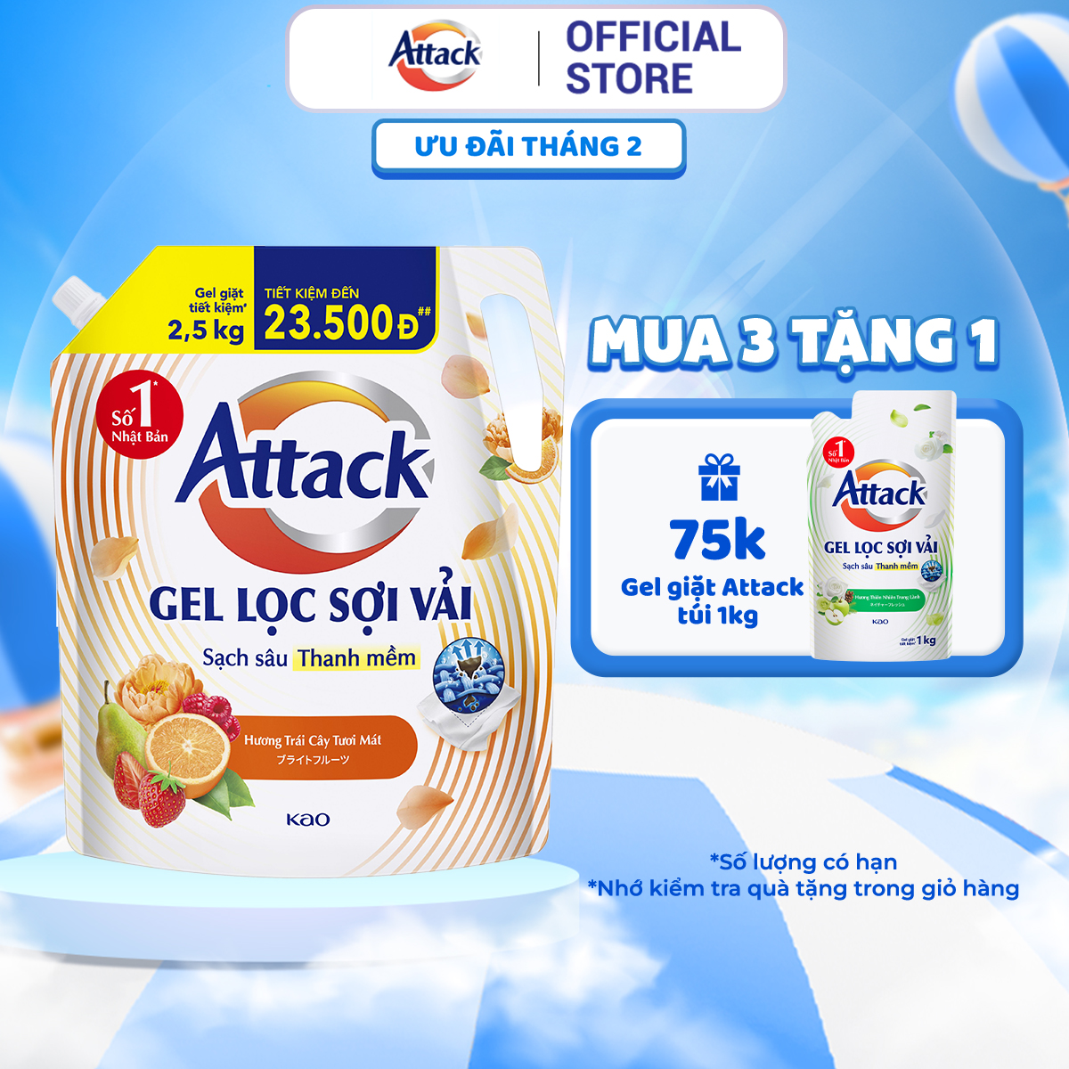 Gel Giặt Attack Hương Trái Cây Tươi Mát Túi 2.5Kg