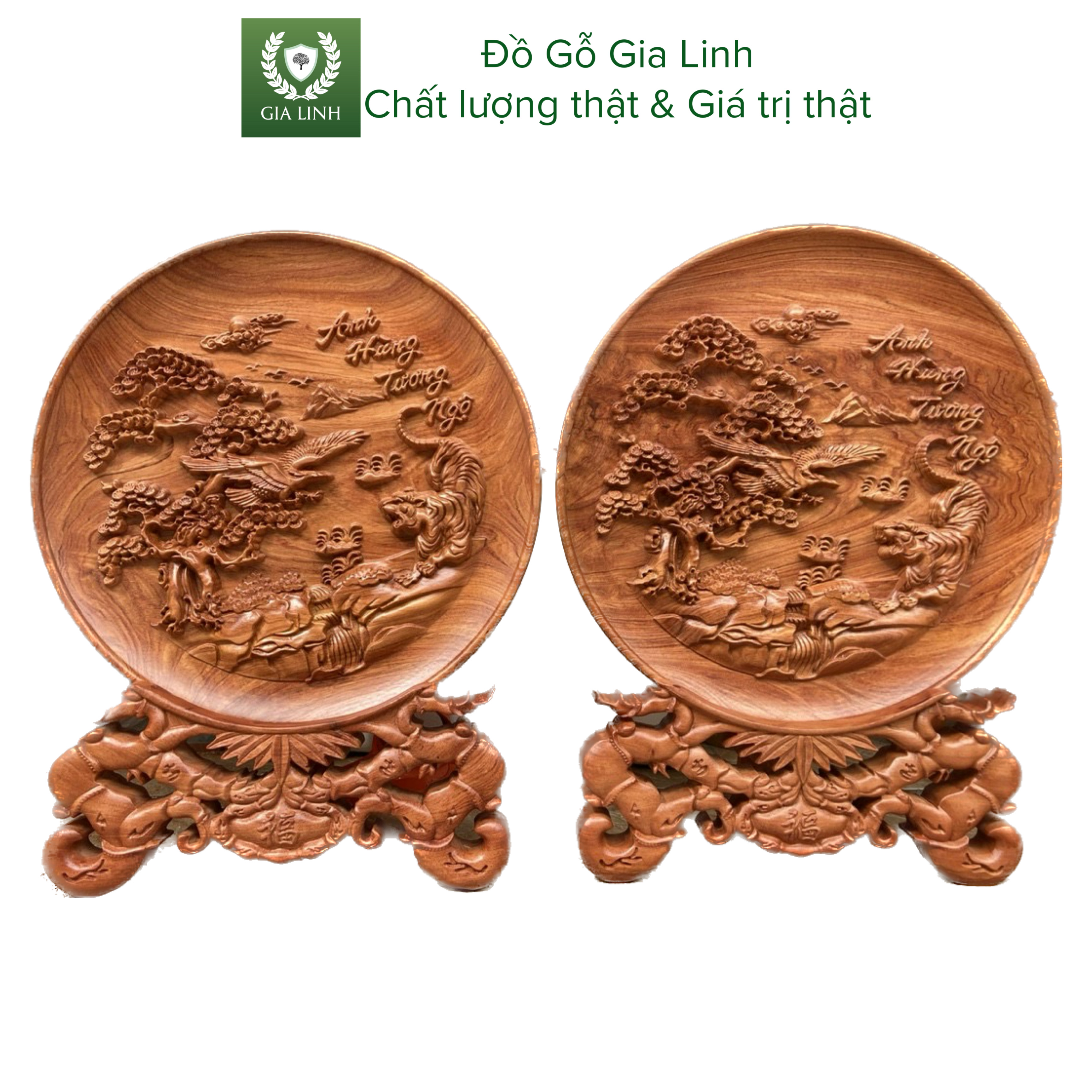 Đĩa gỗ Anh hùng tương ngộ Đồ Gỗ Gia Linh gỗ Hương đá liền khối kèm chân đế
