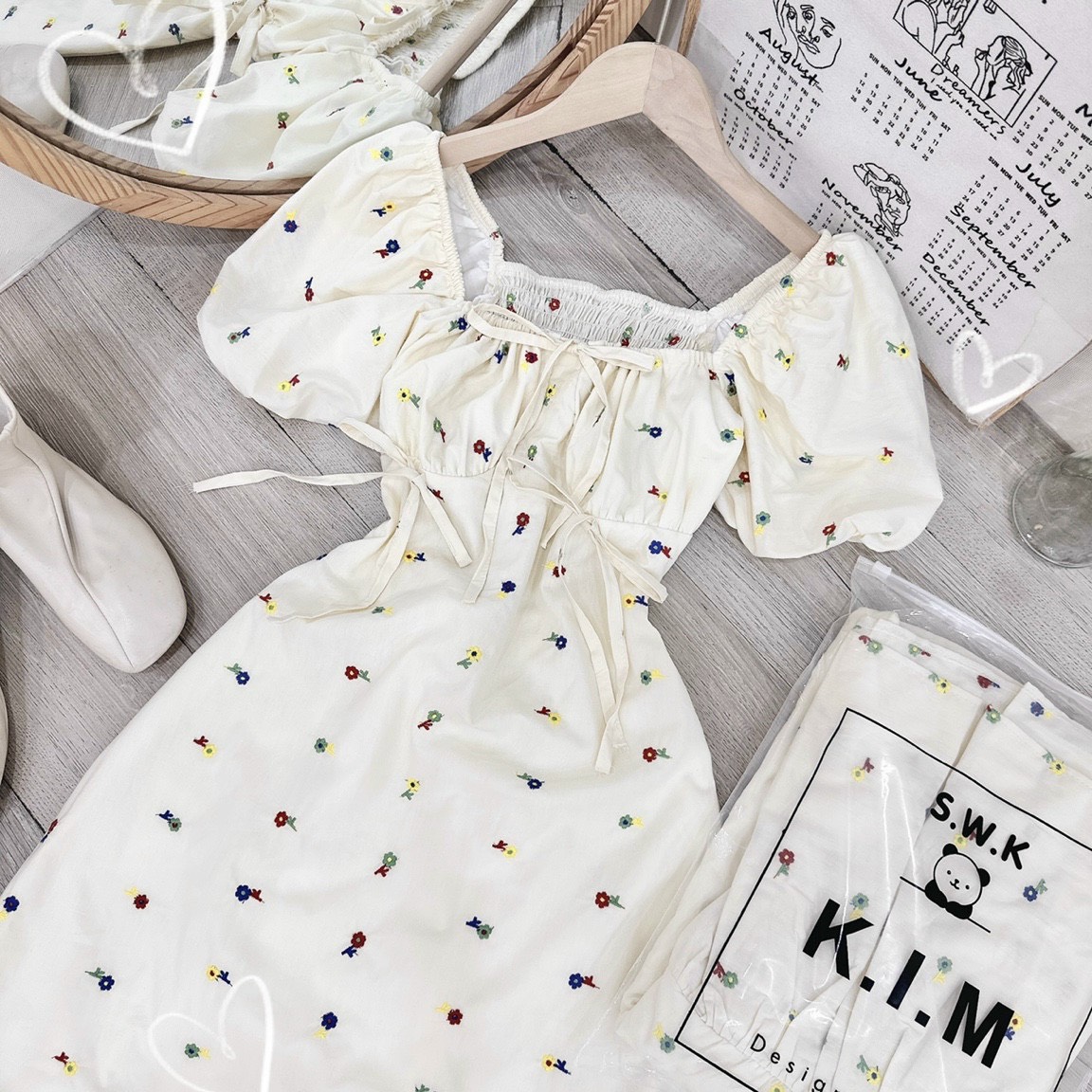 ĐẦM SUÔNG DÀI CỔ U HOA FLORAL TAY NGẮN BỒNG VÁY XẾP LY NHẸ ĐI BIỂN DẠO PHỐ DỰ TIỆC