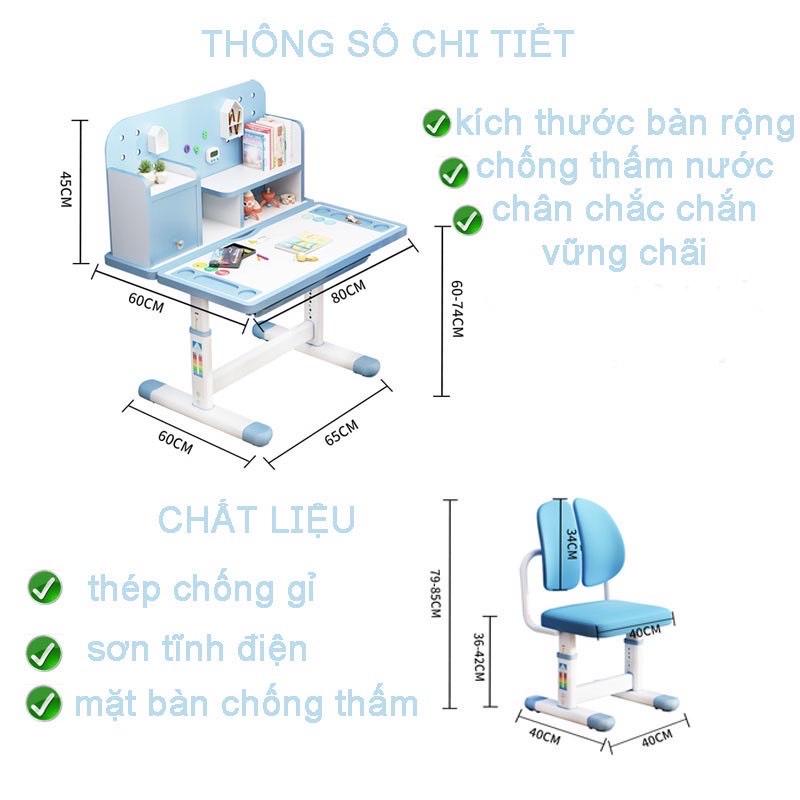 Bộ Bàn Ghế Học Sinh Thông Minh A16, Size 80cm, Tăng Chỉnh Độ Cao, Nghiêng Mặt Bàn, Ngăn Tủ, Giá Sách