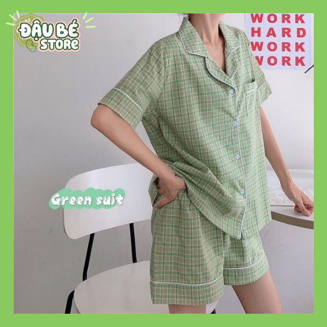 Bộ Ngủ Kẻ Caro Xanh Lá Ulzzang Cute Form Rộng - Pijama Hè Bộ Mặc Nhà Ngắn Tay Hot Trend - DAUBE - S003