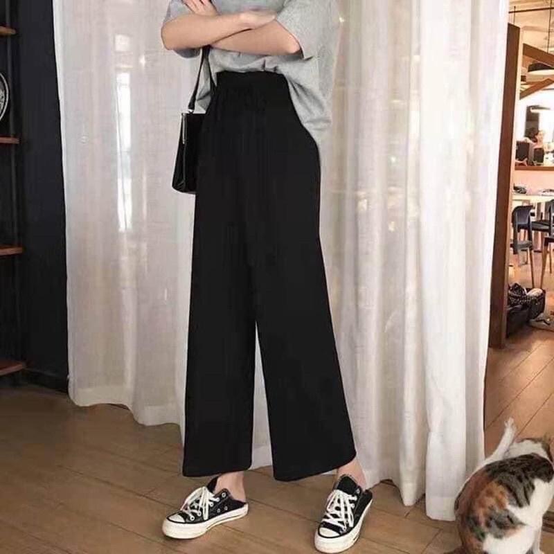 Quần Ống Suông Cạp Chun, Quần Ống Rộng Nữ Màu Đen Ulzzang