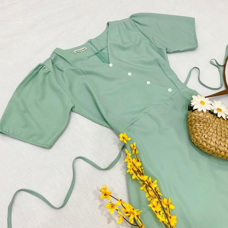 Đầm Suông Dài Xanh Mint Có Nút