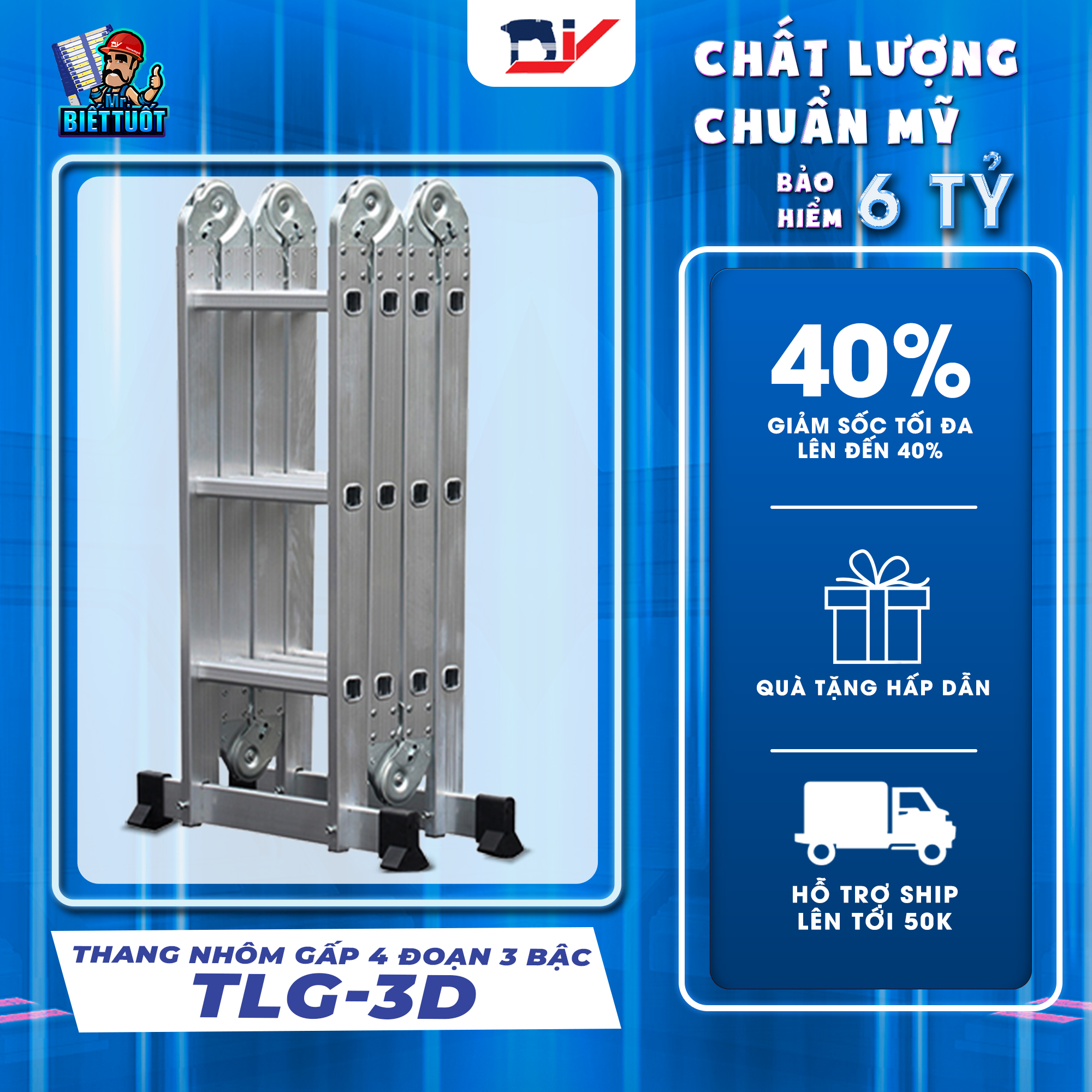 Thang nhôm gấp đoạn DIY TLG-3D chiều cao sử dụng tối đa chữ A 1.8m chữ I 3.6m - Tiêu chuẩn chất lượng an toàn Châu Âu