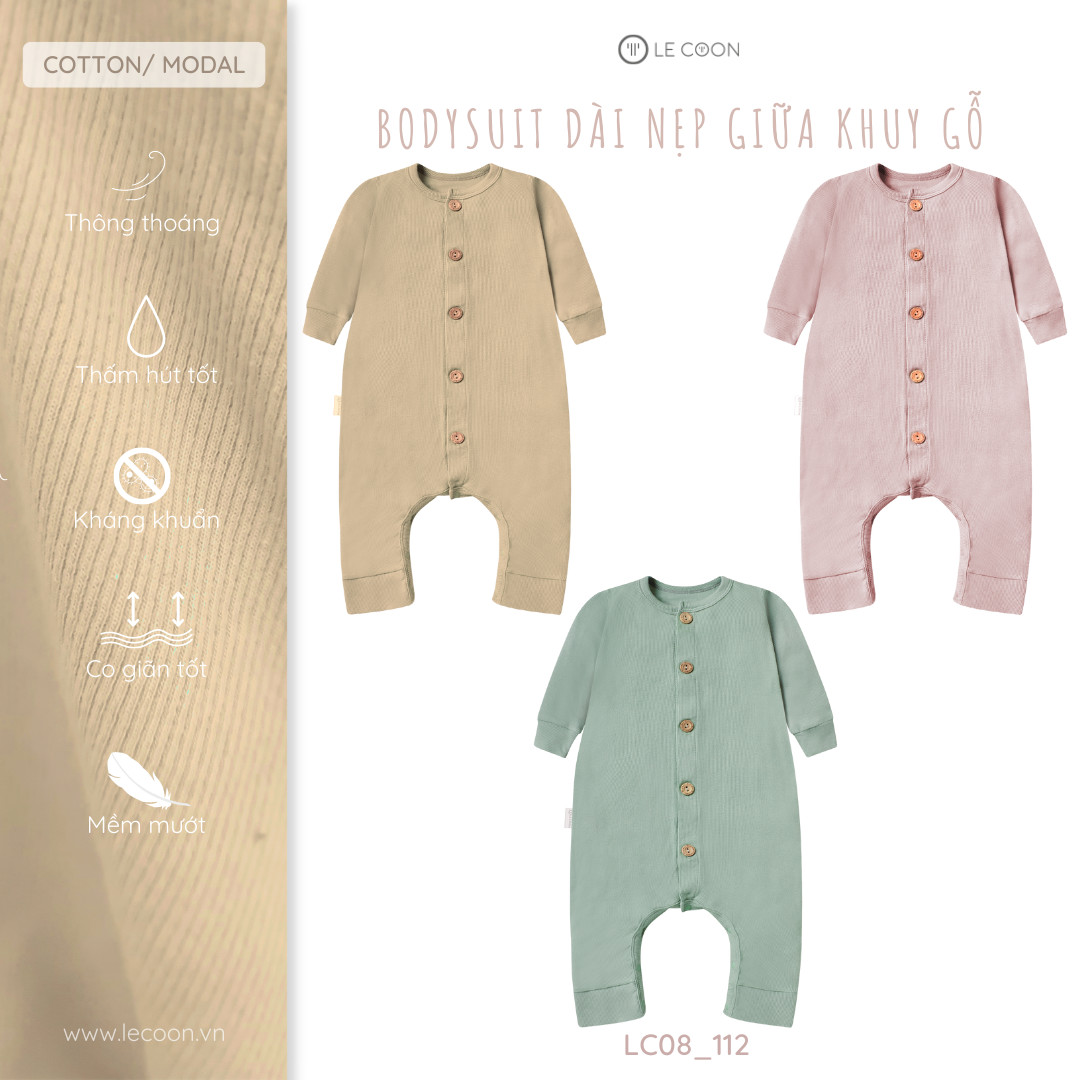 LE COON | Bodysuit Dài Nẹp Giữa Khuy Gỗ | Cotton Modal | 0 tháng-18 tháng