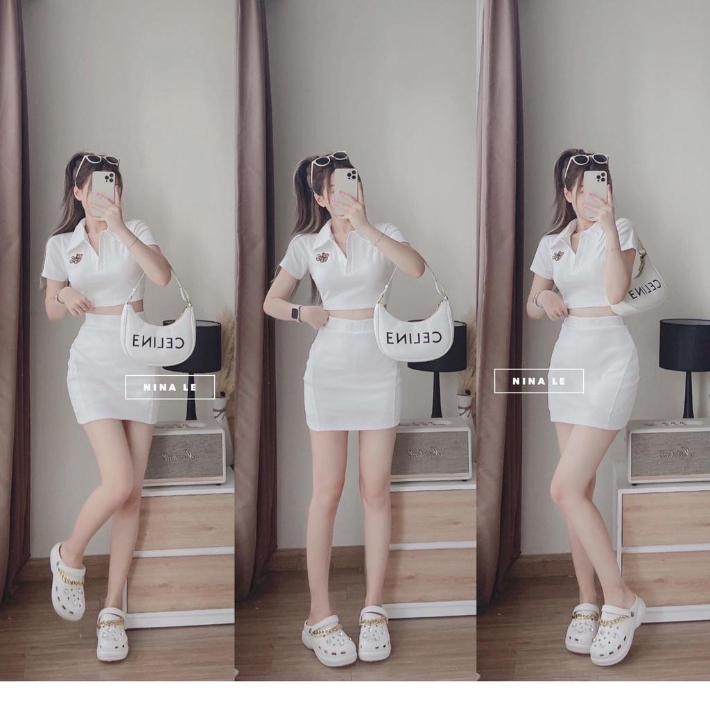 Set bộ đồ nữ thun body áo croptop thêu gấu xinh xắn mix với chân váy siêu xinh tôn da, tôn dáng cho các tình yêu