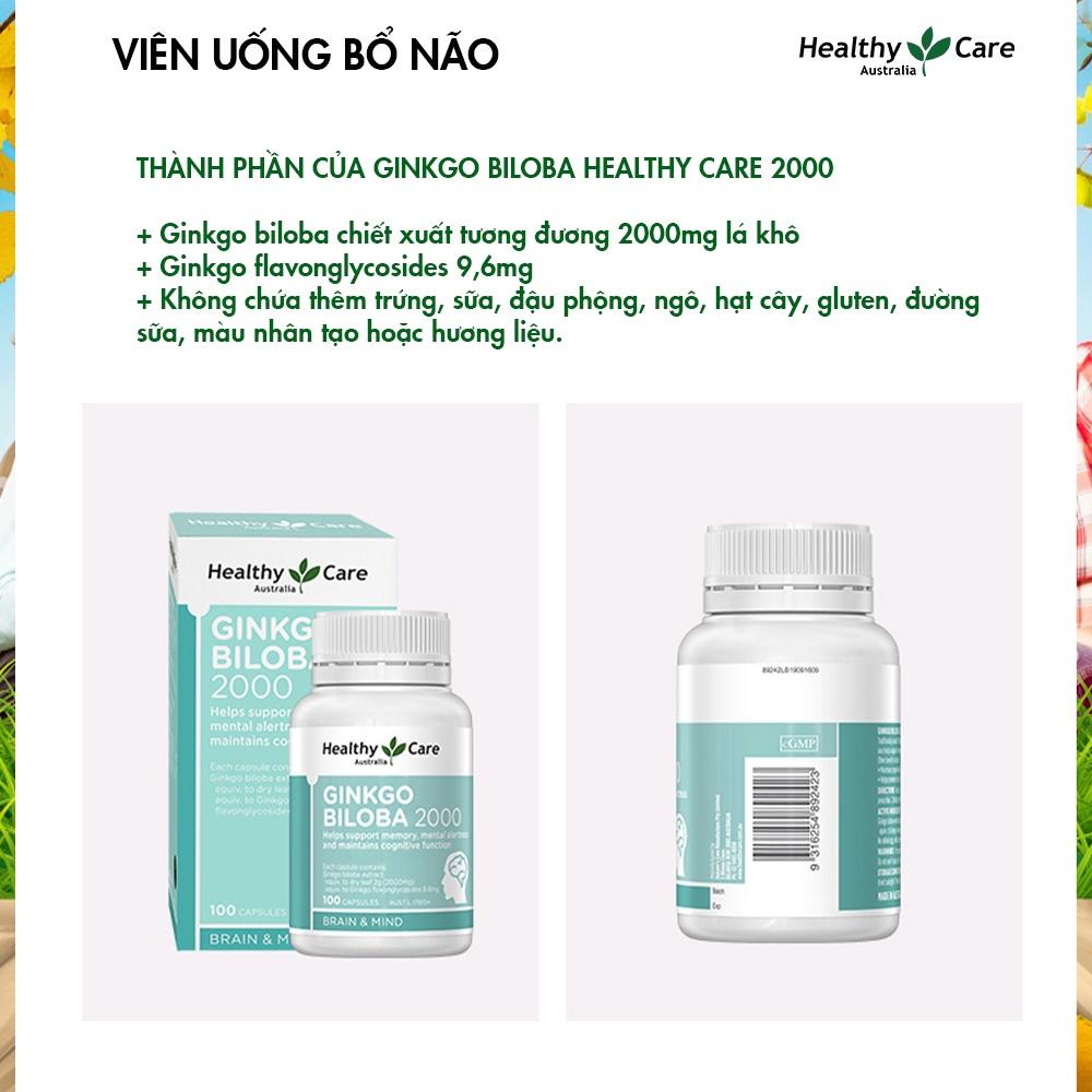 Bổ não Úc Healthy Care Ginkgo Biloba 2000, Giúp tăng tuần hoàn máu não, Cải thiện chức năng nhận thức, Trí nhớ, Giúp an thần và Giảm Stress - OZ Slim Store