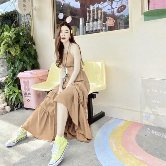 Váy maxi nâu đan dây lưng