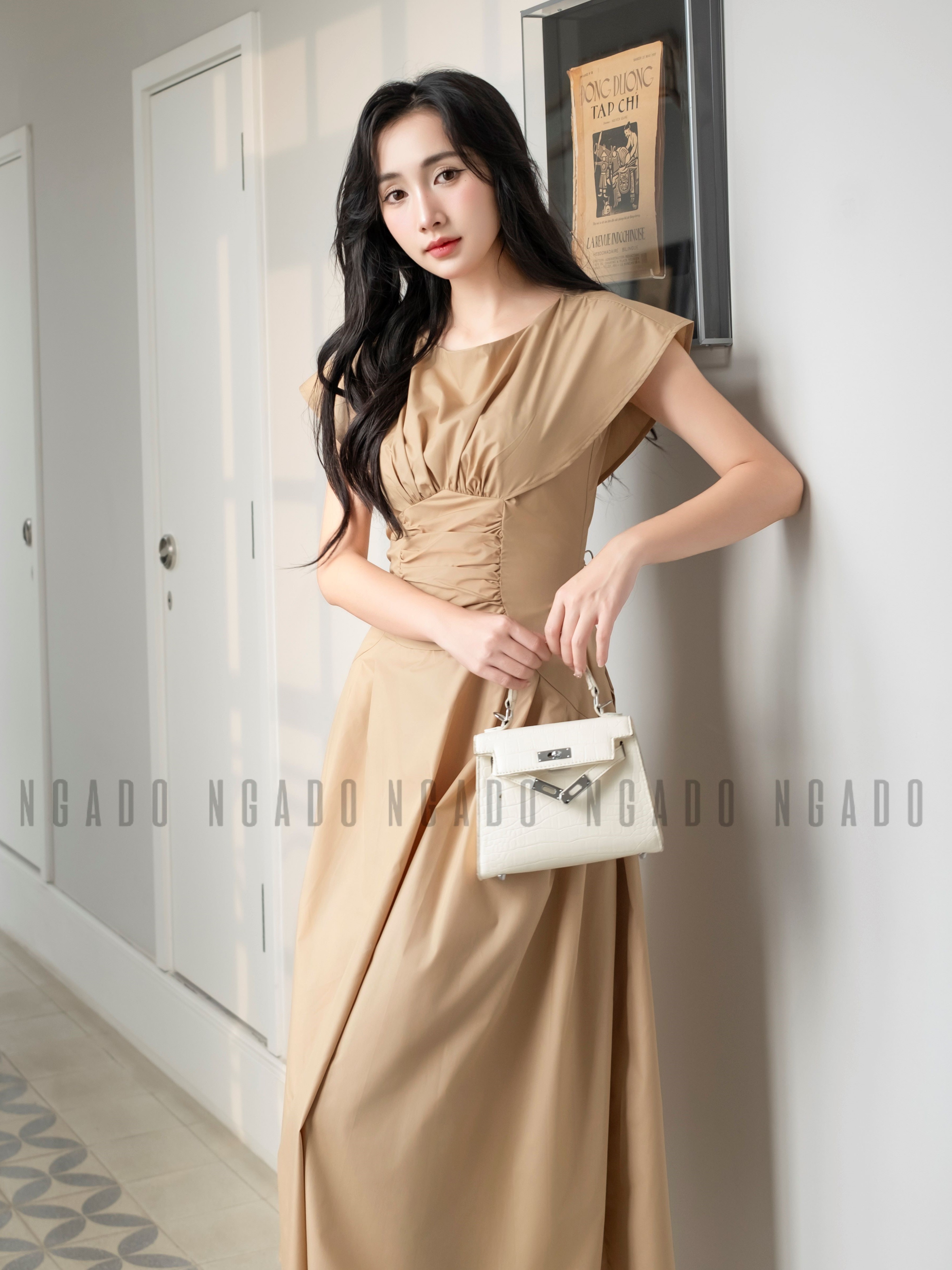 Đầm nâu nhúng eo ngắn tay NGADO, Đầm dự tiệc sang chảnh, Đầm thiết kế