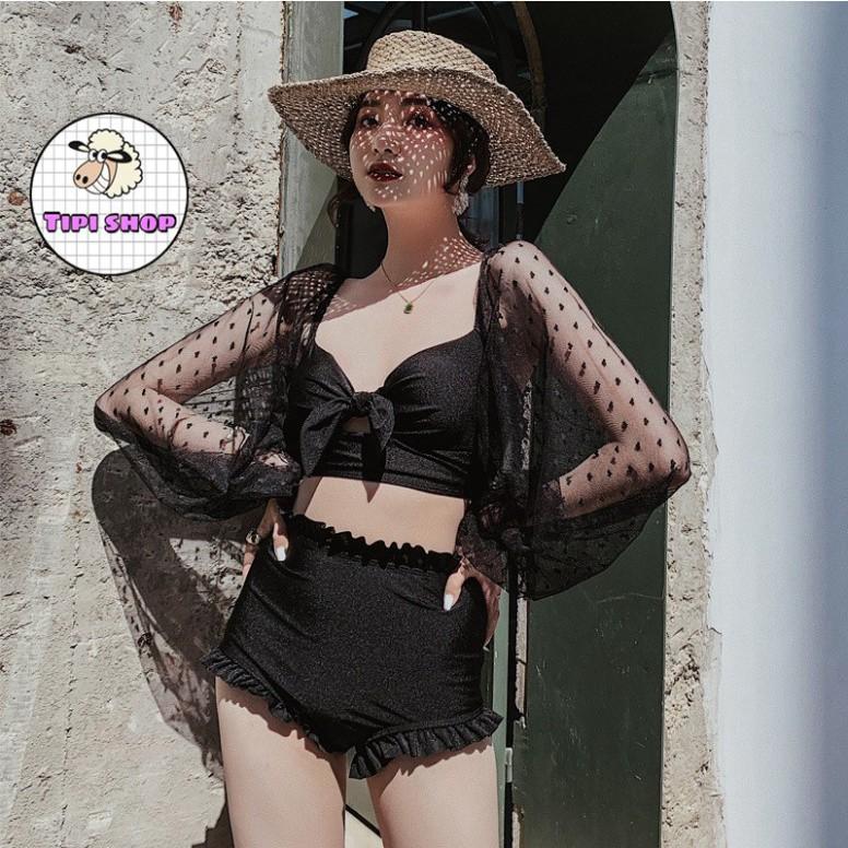 Freeship Bộ bikini đi biển cao cấp trễ vai tay ren