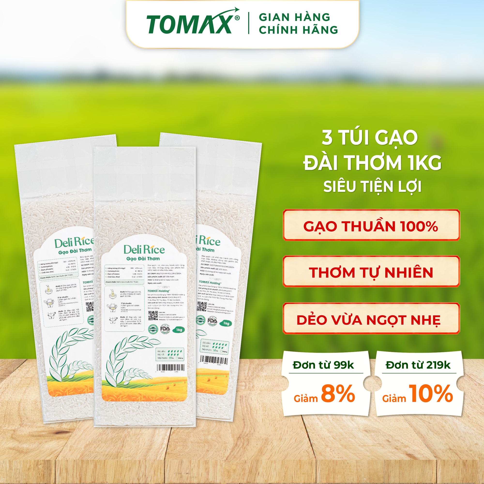 Combo 3 túi 1kg Gạo Đài Thơm - tơi xốp, dẻo cơm, thơm dịu - TOMAX