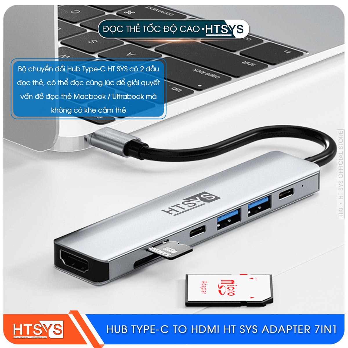 Hub Type C HT SYS 7 in 1 To HDMI, USB 3.0, SD, TF, USB C, PD 100W - Hàng Chính Hãng