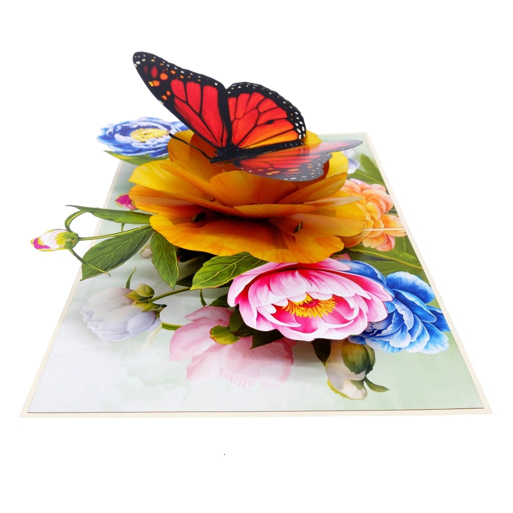 F61 -  Thiệp 3D Bươm Bướm Đỏ &amp; Hoa Mẫu Đơn – Pop Up Card Viethands Giftshop