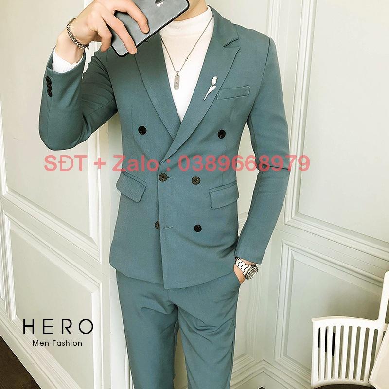 Bộ Vest Nam Hàn Quốc 6 Cúc Màu Xanh, Chất vải sịn, Fom Dáng Đẹp, Bộ Suit Nam 6 Cúc