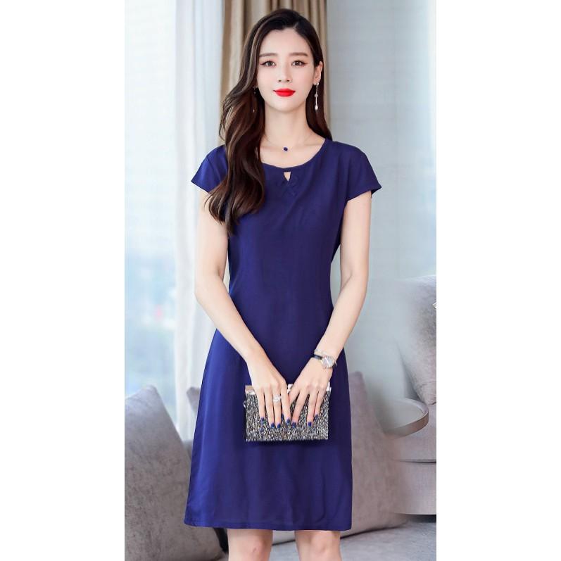 Đầm suông màu xanh đen trơn thắt eo da155